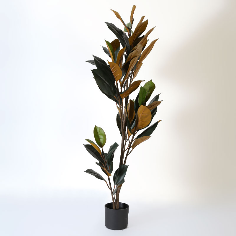 Green Brown Artificial Magnolia Leaf Tree Plant in Black Pot